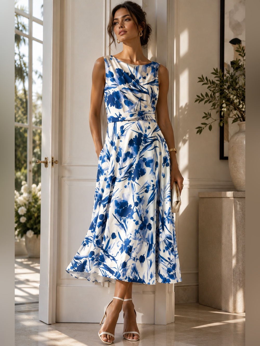 Jacques Vert Blue Floral Fit & Flare Midi Dress UK 12 CA 10 Wedding Guest